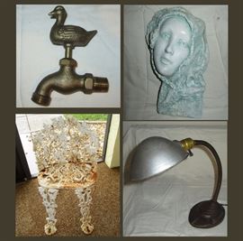 Brand New Brass Duck Faucet or Tap, Lovely Light Blue Lady, One of a Pair of Cast Iron Outdoor Chairs and Vintage Desk Lamp 