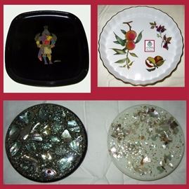 Couroc Tray, Royal Worcester Shallow Bowl and Mid Century Modern Inlaid Trivets 