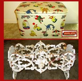 Cutest Pearl Wick Padded Toy Box with Circus Animals and Heavy Cast Iron Plant Stand 