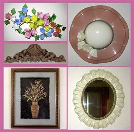 Glass Flowers Wall Sculpture, Ceramic Bonnet with Flowers, Shell Motif Large Framed Flower Vase in Relief and Small Mirror  