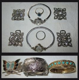 2 14K Gold Watches, 14K Gold Rings, Vintage Belt Buckles and Whiting and Davis Bangles 