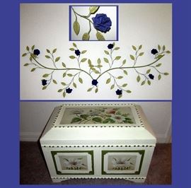 Large Metal Wall Sculpture and Nice Little Painted Wooden Trunk 