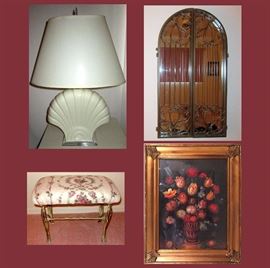 Large Shell Lamp with Lucite Base, Mirror with Hinged Decorative Gate, Metal Based Footstool and Bright Framed Flower Print 