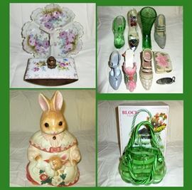 Limoges, Mini Shoe Collection, Bunny and Baby Cookie Jar and Block Glass Handbag 