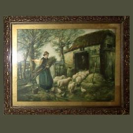 Lovely Old Framed Print with Shepard Girl and her Sheep  