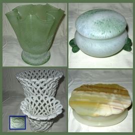 Lovely Frosted Glass, Spanish Woven Porcelain Vases and Alabaster Box  