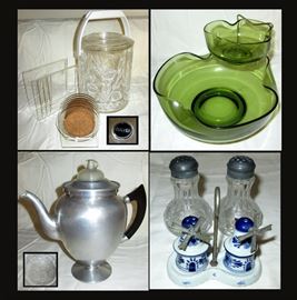 Lucite Napkin Holder and Coasters, Culver Ice Bucket, Vintage Chip and Dip Set, Vintage Percolator and Salt and Pepper Shakers  