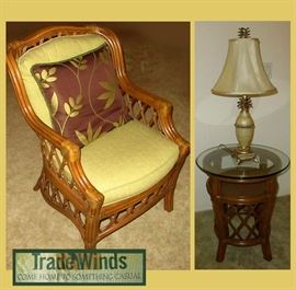 Lovely TradeWinds Rattan Chair and Glass Top Table with Pineapple Lamp 