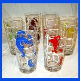Really Cool Set of 6 Mid Century Modern Tumblers, Musical Notes with Alligators, Elephants, Bears, Monkeys and Giraffes 