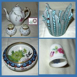 Small Limoges Tea Pot, Art Glass, Cloisonne and Coalport Thimble 