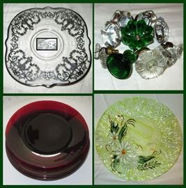 Sterling Overlay Platter, Glass Pulls and Door Knobs, Ruby Glass Plates and Pretty Raised Flower Plate 