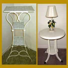 Tall Tile and Metal Plant Stand and One of a Pair of Vintage Tables with Metal Rim and Lemon Tree Lamp  
