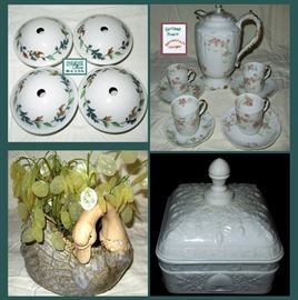 Syracuse China Lidded Bowls, Limoges Coffee Set, Marked Pottery Swan Planter and Milk Glass Lidded Dish with Bumble Bees and Hives  