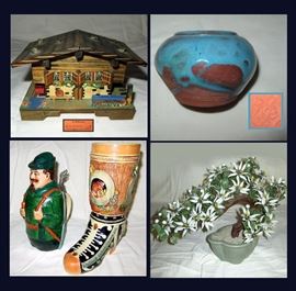 Swiss Chalet Music Box, Signed Small Pottery Planter, German Beer Stein and Beer Mug and Faux Bonsai 