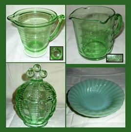 T & S Handmade in USA Vaseline Glass Measuring Cup, Kellogg's Vaseline Glass Measuring Cup with 3 lips and Fireking Jadeite Bowls  