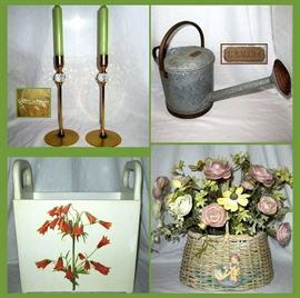 Pair of Valerio Albarello Candle Holders, Copper Handled Watering Can, Wooden Magazine Holder and Basket with Flowers 