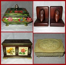 Vintage Tins and Wooden Clog Bookends