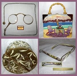 Folding Marked Lorgnettes, Fancy Beach Scene Cigar Box Handbag, Shiny Hatbox and Vera Bradley Glasses   