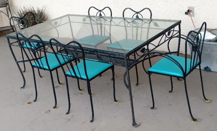 Vintage Wrought Iron & Glass Outdoor Dining Table & Chairs.  50 yrs. old.