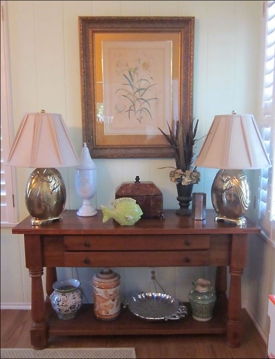 Solid Pine Table.  Brass Lamps, Beautifully Framed Floral Print, Lucite Cachebox, Great Pottery.