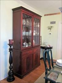 Flame Mahogany China Cabinet, Tall Candle Holder.