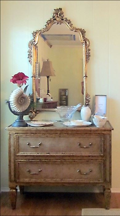 Fancy Glass Encrusted Chest.  Antique Gold Framed Mirror. Crystal and Porcelain.