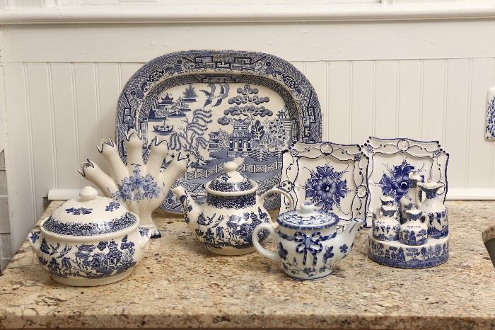A few pieces of a large collection of blue and white.  Platter in rear is Blue Willow C.1840.
