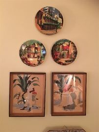 1940's Hand Painted New Orleans Plates from Ben's Studios.     Hand Blocked Jamaican Prints