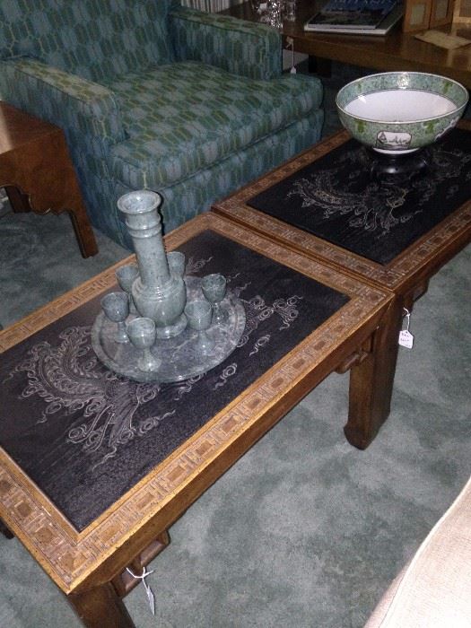 Carved top Asian style tables; one of two occasional chairs in aqua and green