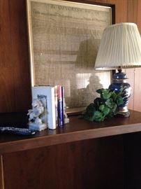 More foo dog bookends; framed Declaration of Independence