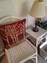 Small white wicker table and chair