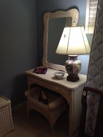 Wicker vanity, mirror, and stool