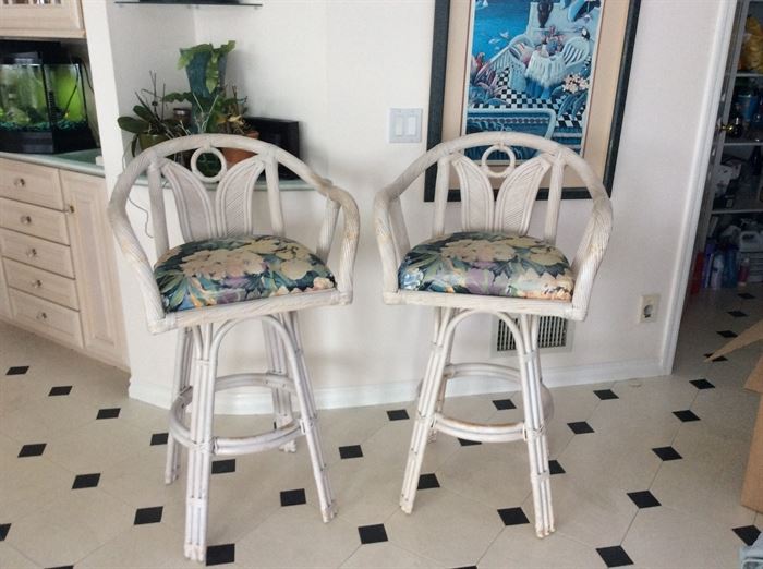 Pair rattan counter stools
