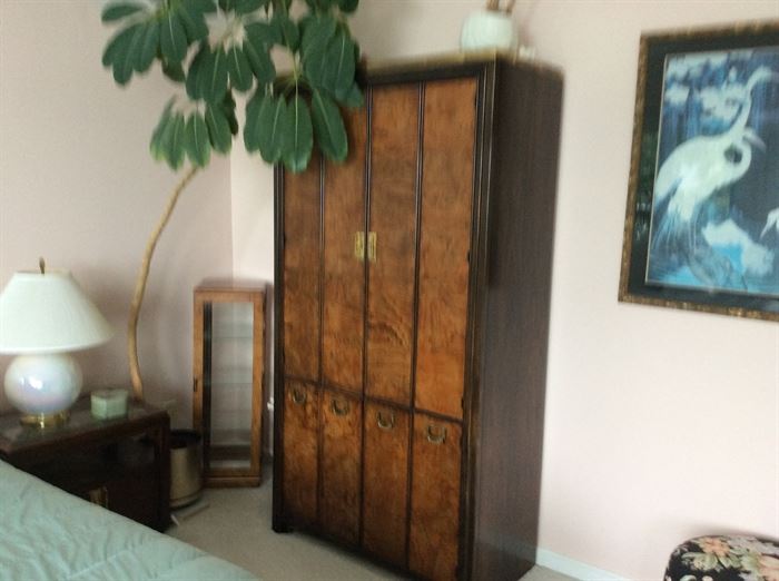 Burled walnut campaign style armoire