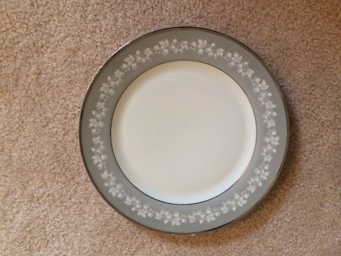 Vintage Bavaria Tirschenreuth Germany porcelain china set. Pattern Mayflower. Grey with white flowers and silver band. 