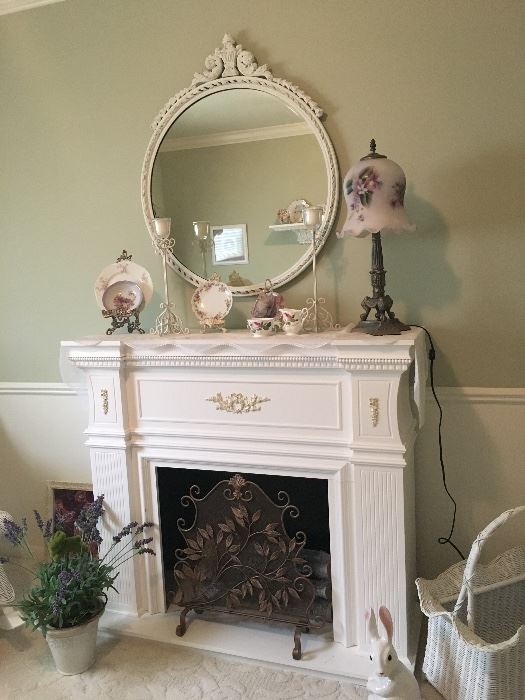 WOOD FIREPLACE , ANTIQUE MIRROR 