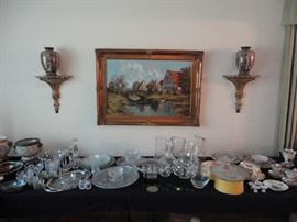 Oil painting, Chinese signed vases, glassware