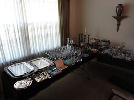 Silver plated platters and serving bowls, glassware and more!