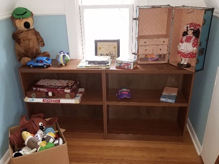 Bookcase, toys, games