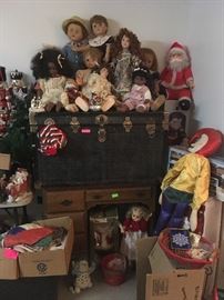 vintage trunk, wood desk, dolls