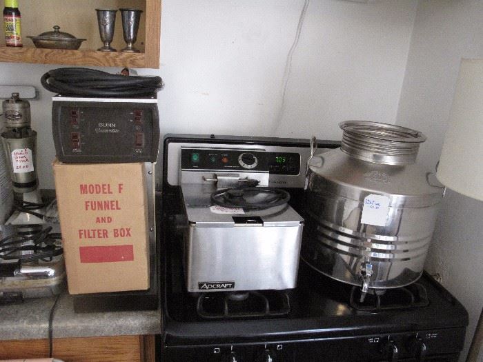 Burn coffee pot, Deep Fryer, olive oil container, 5 gallon pyrex, 1920's milkshake machine, Conrad Hilton Hotel items.