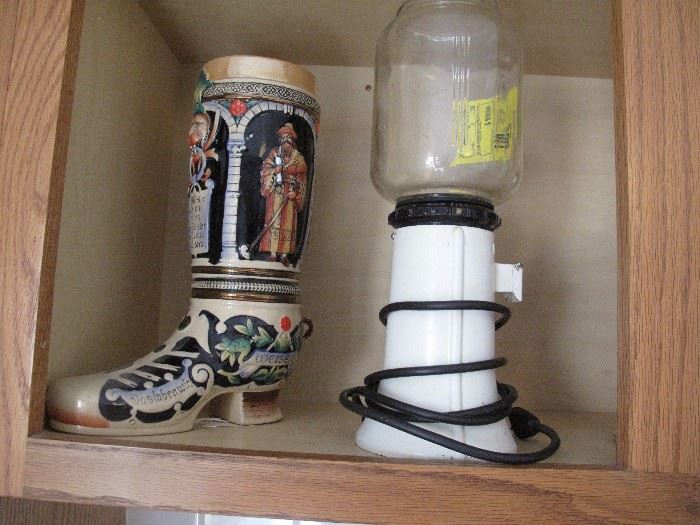 vintage poster coffee grinder, liquor boot made in germany