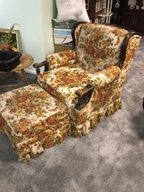 RETRO FLORAL ORANGE YELLOW CHAIR WITH OTTOMAN