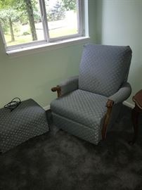 VINTAGE BLUE COUNTRY STYLE UPHOLSTERED CHAIR AND OTTOMAN