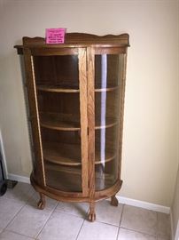 WOOD & GLASS CURIO WITH BALL AND CLAW FEET