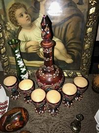 UKRAINIAN HAND-PAINTED WOODEN DECANTER SET