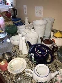 MILK GLASS AND COLLECTION OF TEAPOTS