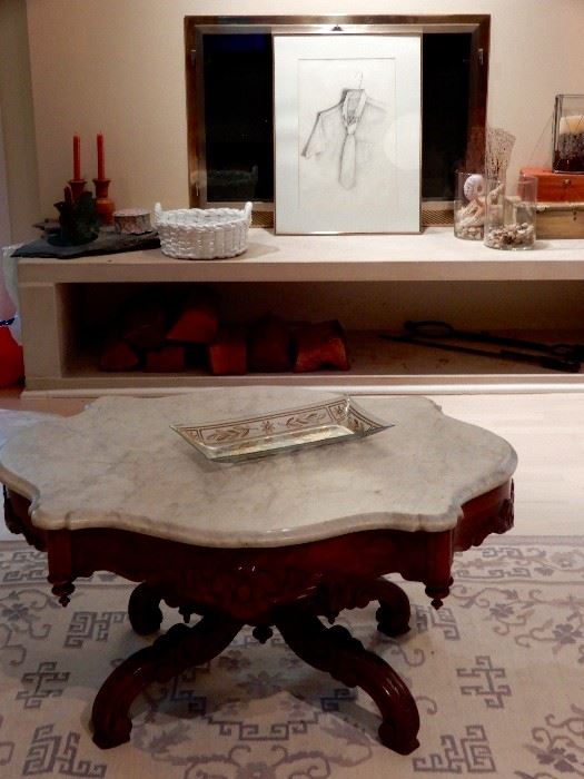 LOVELY TURTLE TOP MARBLE WALNUT TABLE