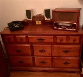 1940's Bakelite phone, sessions dresser clock, Sparton radio.