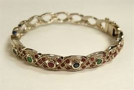 Sterling Silver Bracelet w/ Emerald & Rubies
